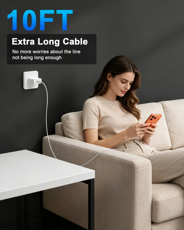 Alt view image 2 of 7 - 18 17 16 Pro Max Charger Fast Charging 10FT, 20W USB C Charger Block | 2 Pack 20W Type C Charger with 10FT Long USB-C to USB-C Woven Charge Cable for iPhone Duo/18 Pro/18 Pro Max/17 16 15 Pro Max