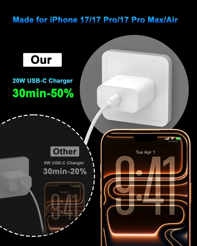 Alt view image 3 of 7 - 18 17 16 Pro Max Charger Fast Charging 10FT, 20W USB C Charger Block | 2 Pack 20W Type C Charger with 10FT Long USB-C to USB-C Woven Charge Cable for iPhone Duo/18 Pro/18 Pro Max/17 16 15 Pro Max