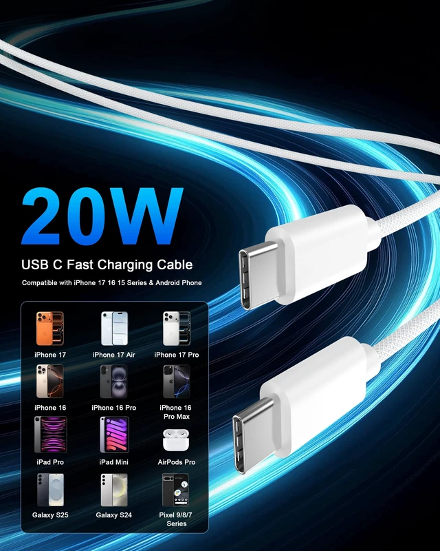 Alt view image 4 of 7 - 18 17 16 Pro Max Charger Fast Charging 10FT, 20W USB C Charger Block | 2 Pack 20W Type C Charger with 10FT Long USB-C to USB-C Woven Charge Cable for iPhone Duo/18 Pro/18 Pro Max/17 16 15 Pro Max