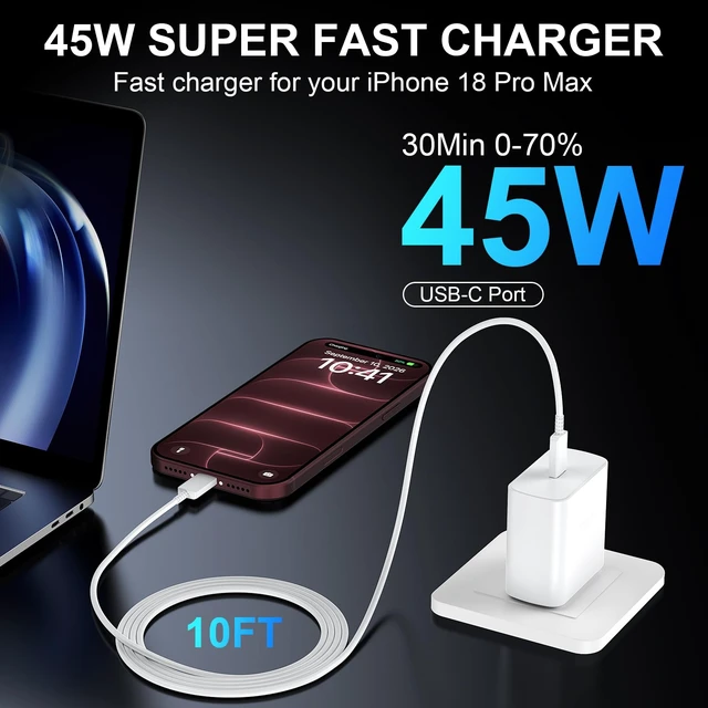 Alt view image 4 of 7 - 18 17 Pro Max Charger Fast Charging 45W USBC iPhone Duo Fast Charger | New iPhone Super Fast Charger with 10 FT Long Type C Fast Charging Cable Cord for iPhone 18 Pro Max/ Pro/Duo/17/16/ProMax/S26