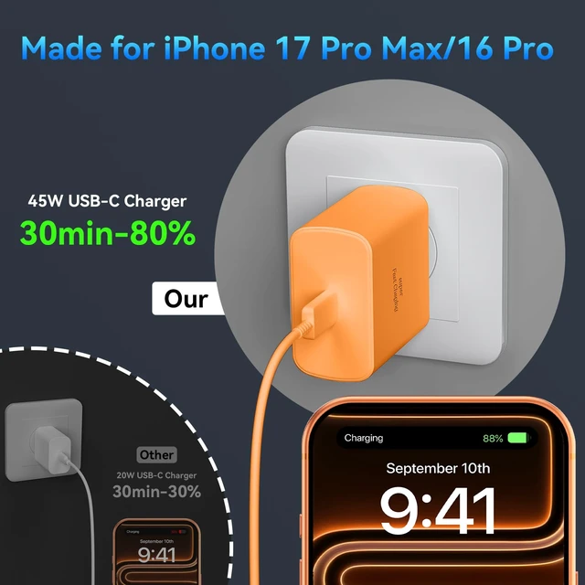 Alt view image 4 of 6 - Super Fast USB C Charger for iPhone 17 16 Pro Max Charger, 10FT Long iPhone Chargers Fast Charging Cord Cable for iPhone 17 16 Pro Max/17 16 Pro/16 Plus,15 Pro Max/15, Android Phone-Orange