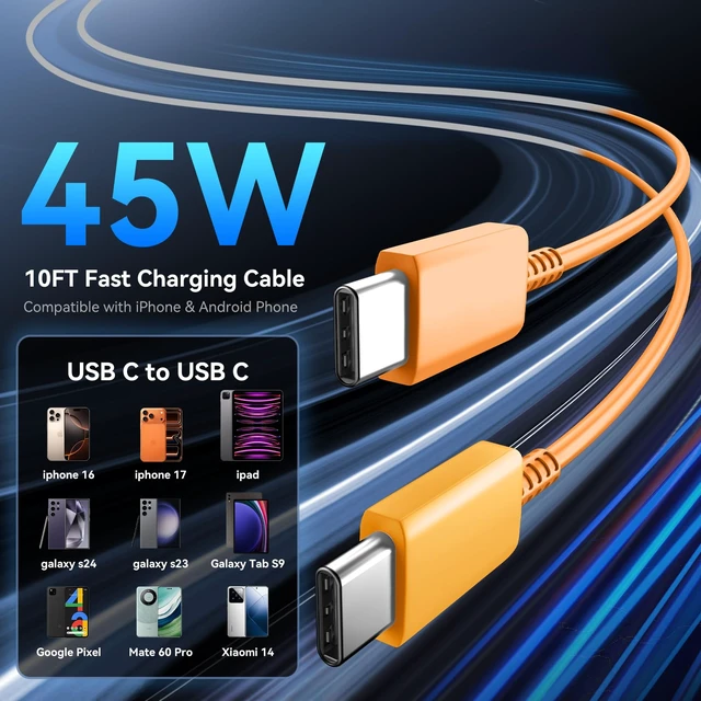Alt view image 5 of 6 - Super Fast USB C Charger for iPhone 17 16 Pro Max Charger, 10FT Long iPhone Chargers Fast Charging Cord Cable for iPhone 17 16 Pro Max/17 16 Pro/16 Plus,15 Pro Max/15, Android Phone-Orange