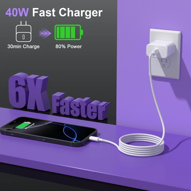 Alt view image 4 of 6 - iPhone 17 Charger Fast Charging,40W USB C Charger Block6FT Type C Cable | for iPhone 18/17/16/15 Series, iPad, Galaxy, Pixel 9 and More White