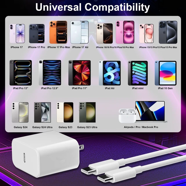 Alt view image 6 of 6 - iPhone 17 Charger Fast Charging,40W USB C Charger Block6FT Type C Cable | for iPhone 18/17/16/15 Series, iPad, Galaxy, Pixel 9 and More White