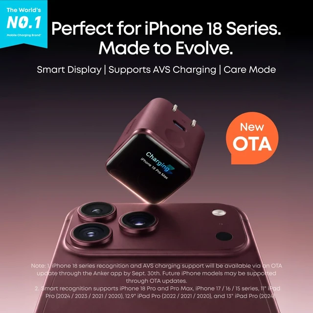 Alt view image 2 of 7 - Nano Smart Display Charger, 45W Max USB C Charger for iPhone 18 Pro | New iPhone Recognition and AVS Support via OTA Update, Care Mode Extends Battery Life, Phone Charger for iPhone 18/17 Pro Max