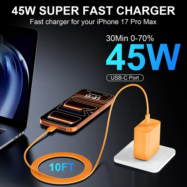 Alt view image 4 of 7 - 18 17 Pro Max Charger Fast Charging 45W USBC iPhone Duo Fast Charger | New iPhone Super Fast Charger with 10 FT Long Type C Fast Charging Cable Cord for iPhone 18 Pro Max/Pro/Duo/17/16/Pro Max/S26
