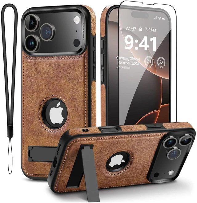 Main image of Leather Case for iPhone 18 Pro Max, MagSafe Compatible, Brown | Upgraded N56 Magnet, Hidden Kickstand, Logo Cutout, Slim Shockproof Design, Raised Screen and Camera Protection