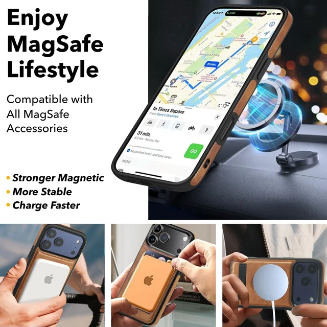 Alt view image 2 of 7 - Leather Case for iPhone 18 Pro Max, MagSafe Compatible, Brown | Upgraded N56 Magnet, Hidden Kickstand, Logo Cutout, Slim Shockproof Design, Raised Screen and Camera Protection