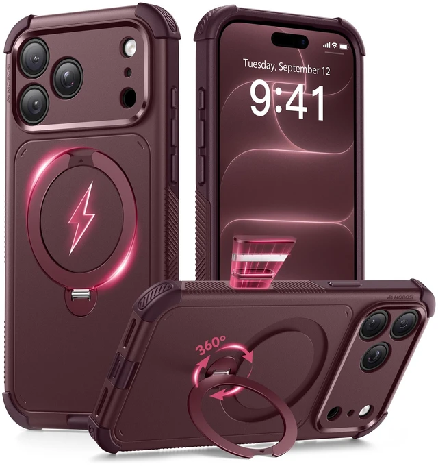 Main image of Rugged for iPhone 18 Pro Max Case/17 Pro Max Case, Magnetic Stand | 10X Military-Grade Drop Protection, Compatible with MagSafe, Heavy Duty, Camera Control, Port Cover, Anti-Slip, Burgundy
