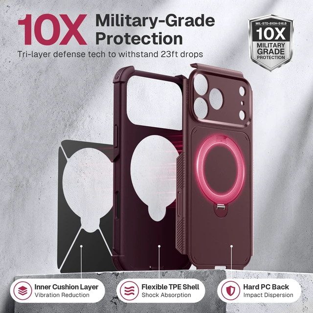 Alt view image 2 of 7 - Rugged for iPhone 18 Pro Max Case/17 Pro Max Case, Magnetic Stand | 10X Military-Grade Drop Protection, Compatible with MagSafe, Heavy Duty, Camera Control, Port Cover, Anti-Slip, Burgundy
