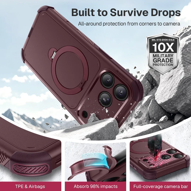 Alt view image 3 of 7 - Rugged for iPhone 18 Pro Max Case/17 Pro Max Case, Magnetic Stand | 10X Military-Grade Drop Protection, Compatible with MagSafe, Heavy Duty, Camera Control, Port Cover, Anti-Slip, Burgundy