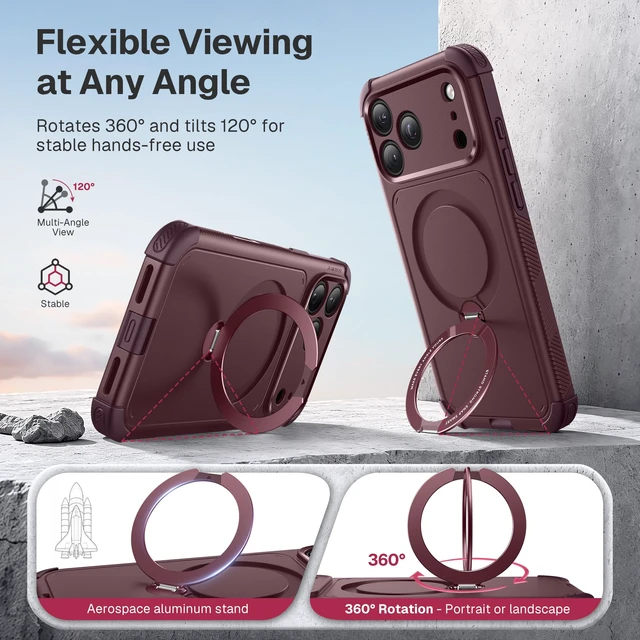 Alt view image 4 of 7 - Rugged for iPhone 18 Pro Max Case/17 Pro Max Case, Magnetic Stand | 10X Military-Grade Drop Protection, Compatible with MagSafe, Heavy Duty, Camera Control, Port Cover, Anti-Slip, Burgundy