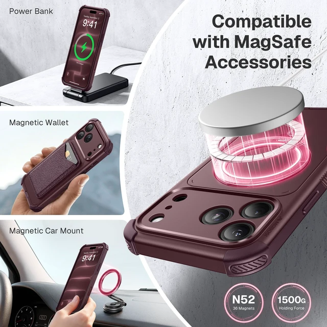 Alt view image 5 of 7 - Rugged for iPhone 18 Pro Max Case/17 Pro Max Case, Magnetic Stand | 10X Military-Grade Drop Protection, Compatible with MagSafe, Heavy Duty, Camera Control, Port Cover, Anti-Slip, Burgundy