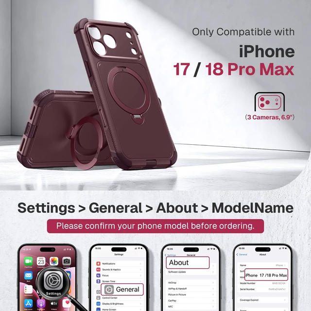 Alt view image 6 of 7 - Rugged for iPhone 18 Pro Max Case/17 Pro Max Case, Magnetic Stand | 10X Military-Grade Drop Protection, Compatible with MagSafe, Heavy Duty, Camera Control, Port Cover, Anti-Slip, Burgundy