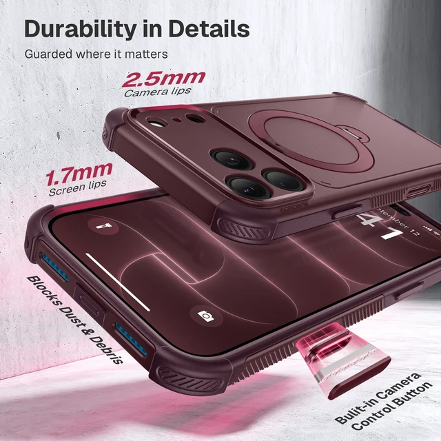 Alt view image 7 of 7 - Rugged for iPhone 18 Pro Max Case/17 Pro Max Case, Magnetic Stand | 10X Military-Grade Drop Protection, Compatible with MagSafe, Heavy Duty, Camera Control, Port Cover, Anti-Slip, Burgundy