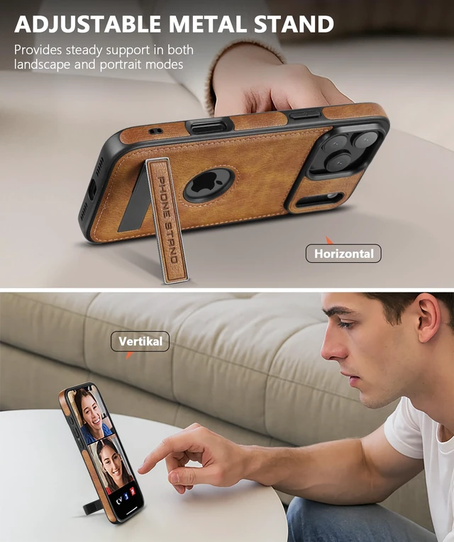 Alt view image 2 of 6 - for iPhone 18 Pro Max Leather Case with Adjustable Kickstand Brown | Drop Protection Phone Cover,Built-in Invisible Stand,Durable PU Leather,Slim fit,Anti-Slip,for Men Women