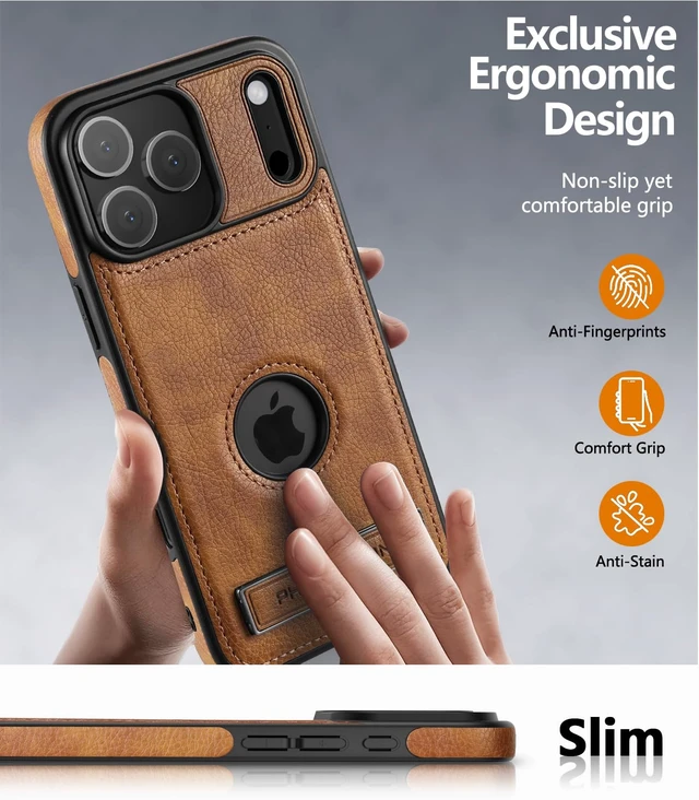 Alt view image 3 of 6 - for iPhone 18 Pro Max Leather Case with Adjustable Kickstand Brown | Drop Protection Phone Cover,Built-in Invisible Stand,Durable PU Leather,Slim fit,Anti-Slip,for Men Women