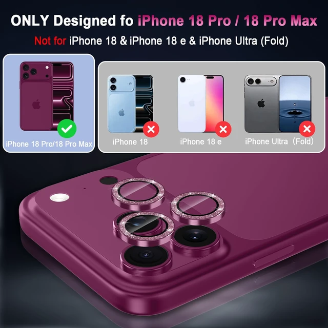 Alt view image 2 of 6 - for iPhone 18 Pro Max Camera Lens Protector,Scratch Proof,Strong Adsorption,9H Hardness with Metal Ring Camera Cover,Ultra Thin Case Friendly,Accessories Lens Protector,Glitter Burgundy