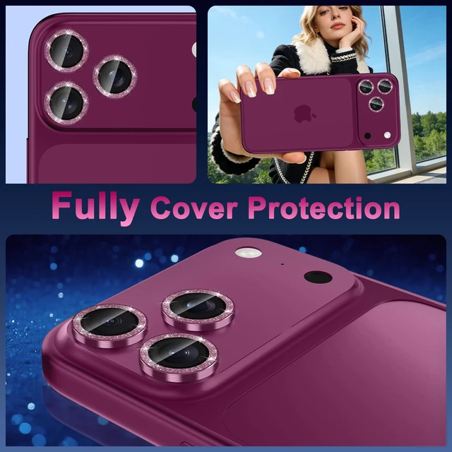 Alt view image 3 of 6 - for iPhone 18 Pro Max Camera Lens Protector,Scratch Proof,Strong Adsorption,9H Hardness with Metal Ring Camera Cover,Ultra Thin Case Friendly,Accessories Lens Protector,Glitter Burgundy