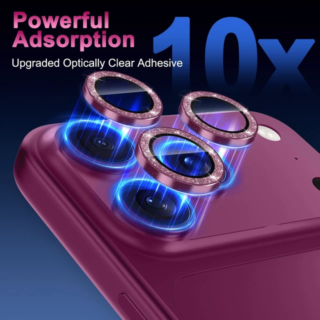 Alt view image 4 of 6 - for iPhone 18 Pro Max Camera Lens Protector,Scratch Proof,Strong Adsorption,9H Hardness with Metal Ring Camera Cover,Ultra Thin Case Friendly,Accessories Lens Protector,Glitter Burgundy