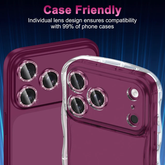Alt view image 5 of 6 - for iPhone 18 Pro Max Camera Lens Protector,Scratch Proof,Strong Adsorption,9H Hardness with Metal Ring Camera Cover,Ultra Thin Case Friendly,Accessories Lens Protector,Glitter Burgundy
