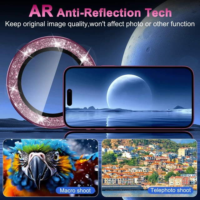 Alt view image 6 of 6 - for iPhone 18 Pro Max Camera Lens Protector,Scratch Proof,Strong Adsorption,9H Hardness with Metal Ring Camera Cover,Ultra Thin Case Friendly,Accessories Lens Protector,Glitter Burgundy