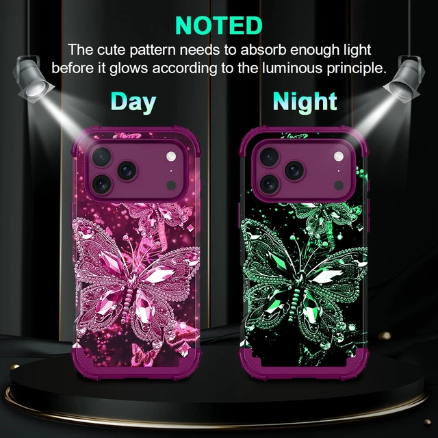 Alt view image 3 of 7 - for iPhone 18 Pro Max Case,Glow in The Dark Three Layer Heavy Duty Shockproof Protection Hard Plastic Bumper+Soft Silicone Case for iPhone 18 Pro Max,Cherry Butterfly