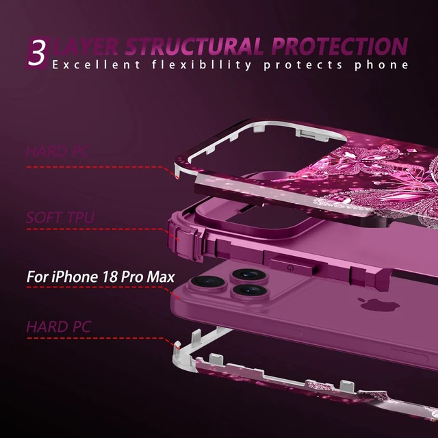 Alt view image 4 of 7 - for iPhone 18 Pro Max Case,Glow in The Dark Three Layer Heavy Duty Shockproof Protection Hard Plastic Bumper+Soft Silicone Case for iPhone 18 Pro Max,Cherry Butterfly