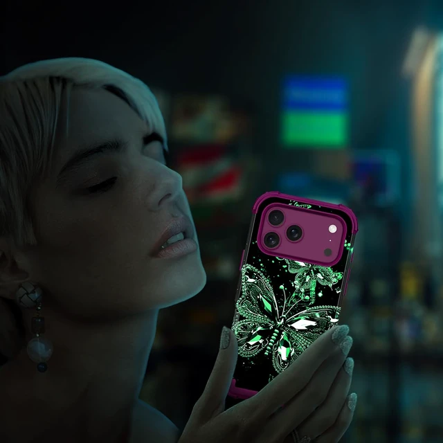 Alt view image 6 of 7 - for iPhone 18 Pro Max Case,Glow in The Dark Three Layer Heavy Duty Shockproof Protection Hard Plastic Bumper+Soft Silicone Case for iPhone 18 Pro Max,Cherry Butterfly