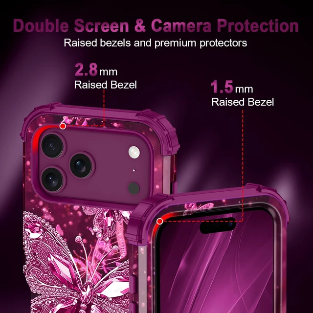 Alt view image 5 of 7 - for iPhone 18 Pro Max Case,Glow in The Dark Three Layer Heavy Duty Shockproof Protection Hard Plastic Bumper+Soft Silicone Case for iPhone 18 Pro Max,Cherry Butterfly