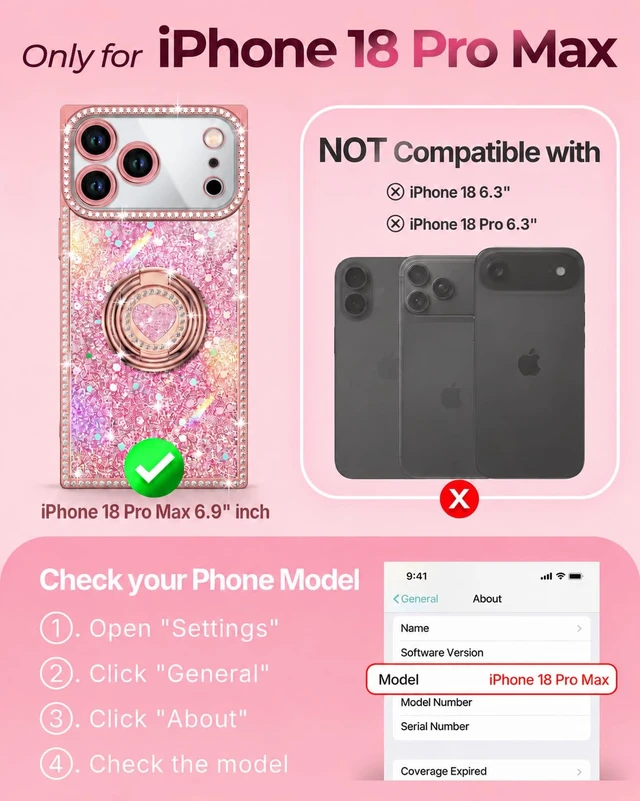 Alt view image 2 of 6 - for iPhone 18 Pro Max Case, Glitter Bling Phone Cover with Stand | 2-Ring Heart Kickstand & Lanyard, Luxury Rhinestone, Shockproof Protective Case para Women Girls, Pink