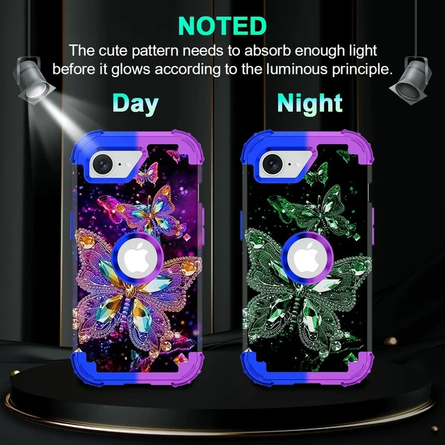Alt view image 3 of 7 - for iPhone 17e Case,Glow in The Dark Three Layer Heavy Duty Shockproof Protection Hard Plastic Bumper+Soft Silicone Case for Apple iPhone 17e,Colorful Butterfly