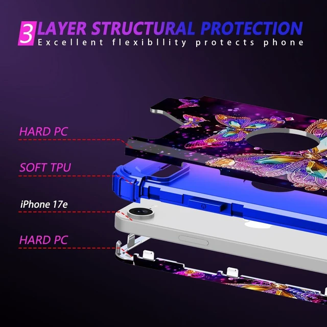 Alt view image 4 of 7 - for iPhone 17e Case,Glow in The Dark Three Layer Heavy Duty Shockproof Protection Hard Plastic Bumper+Soft Silicone Case for Apple iPhone 17e,Colorful Butterfly