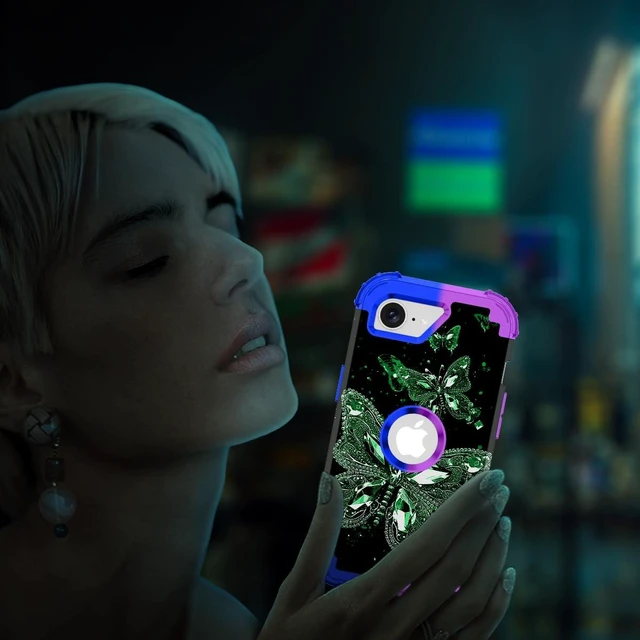 Alt view image 7 of 7 - for iPhone 17e Case,Glow in The Dark Three Layer Heavy Duty Shockproof Protection Hard Plastic Bumper+Soft Silicone Case for Apple iPhone 17e,Colorful Butterfly