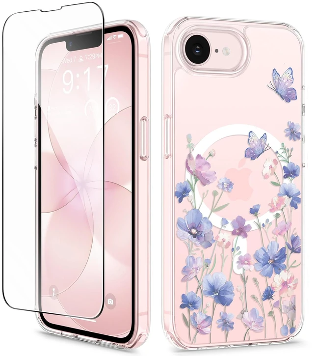 Main image of for iPhone 17e Case & iPhone 16e Case with Screen Protector | Non-Yellowing, Military-Grade Protection, Hard PC&TPU Bumper, Floral Protective Clear Phone Case (Mag-Bloomwing)