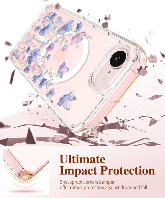 Alt view image 4 of 7 - for iPhone 17e Case & iPhone 16e Case with Screen Protector | Non-Yellowing, Military-Grade Protection, Hard PC&TPU Bumper, Floral Protective Clear Phone Case (Mag-Bloomwing)