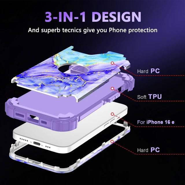 Alt view image 4 of 7 - for iPhone 17e Case,iPhone 16e Case,Three Layer Heavy Duty Sturdy Shockproof Protection Full Rugged Hard PC+Soft TPU Bumper Protective Girls Case for iPhone 17e/16e 6.1 inch,Cobalt Violet