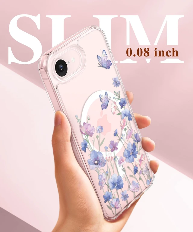Alt view image 6 of 7 - for iPhone 17e Case & iPhone 16e Case with Screen Protector | Non-Yellowing, Military-Grade Protection, Hard PC&TPU Bumper, Floral Protective Clear Phone Case (Mag-Bloomwing)
