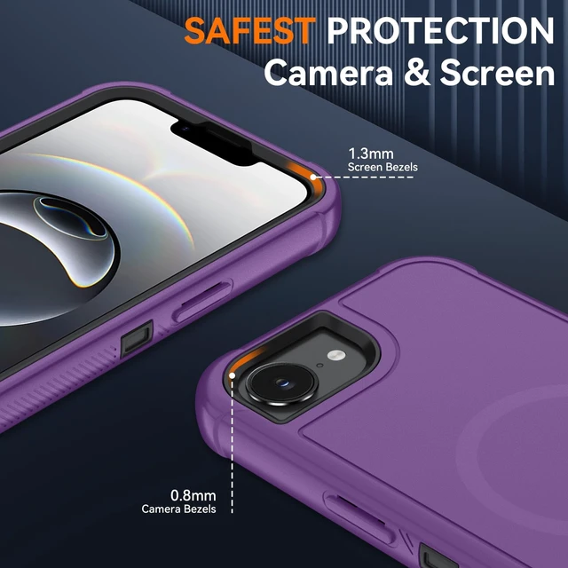Alt view image 3 of 7 - Magnetic for iPhone 17e Case/iPhone 16e Case 6.1",Purple | Compatible with MagSafe,with Screen Protector,3-Layer Heavy Duty Full-Body Protective Phone Cover