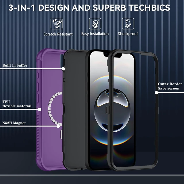 Alt view image 6 of 7 - Magnetic for iPhone 17e Case/iPhone 16e Case 6.1",Purple | Compatible with MagSafe,with Screen Protector,3-Layer Heavy Duty Full-Body Protective Phone Cover