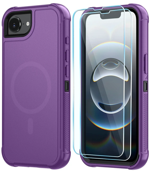 Alt view image 7 of 7 - Magnetic for iPhone 17e Case/iPhone 16e Case 6.1",Purple | Compatible with MagSafe,with Screen Protector,3-Layer Heavy Duty Full-Body Protective Phone Cover