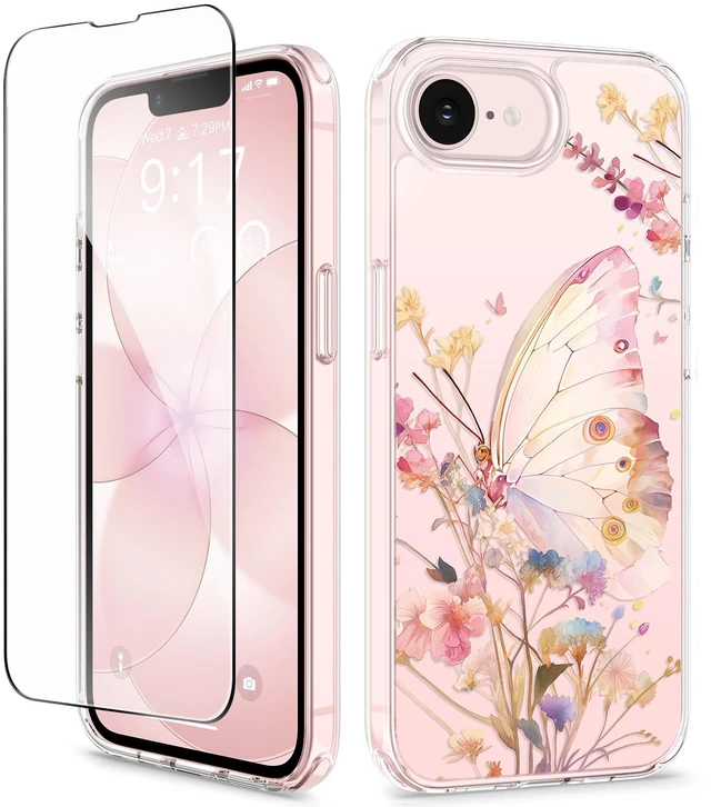 Main image of for iPhone 17e Case & iPhone 16e Case with Screen Protector | Non-Yellowing, Military-Grade Protection, Hard PC&TPU Bumper, Floral Protective Clear Phone Case (Magic Butterfly)