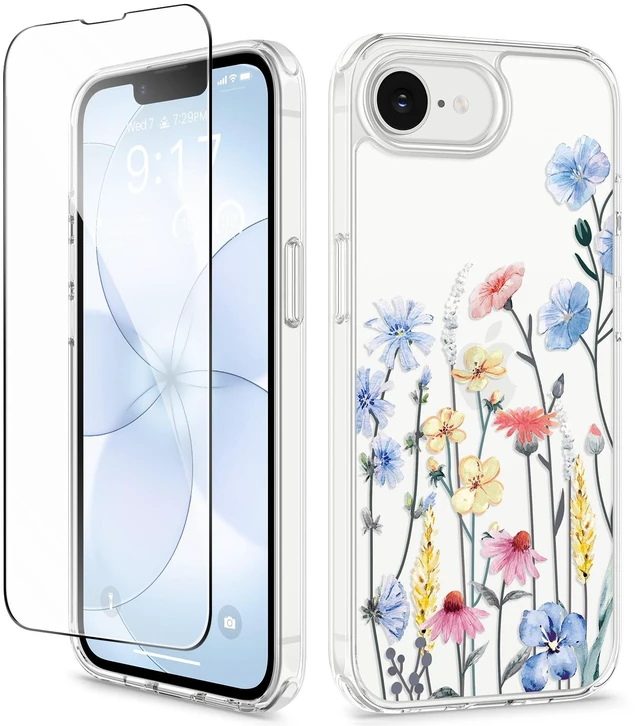 Main image of for iPhone 17e Case & iPhone 16e Case with Screen Protector | Non-Yellowing, Military-Grade Protection, Hard PC&TPU Bumper, Floral Protective Clear Phone Case (Aconite/Light Blue)