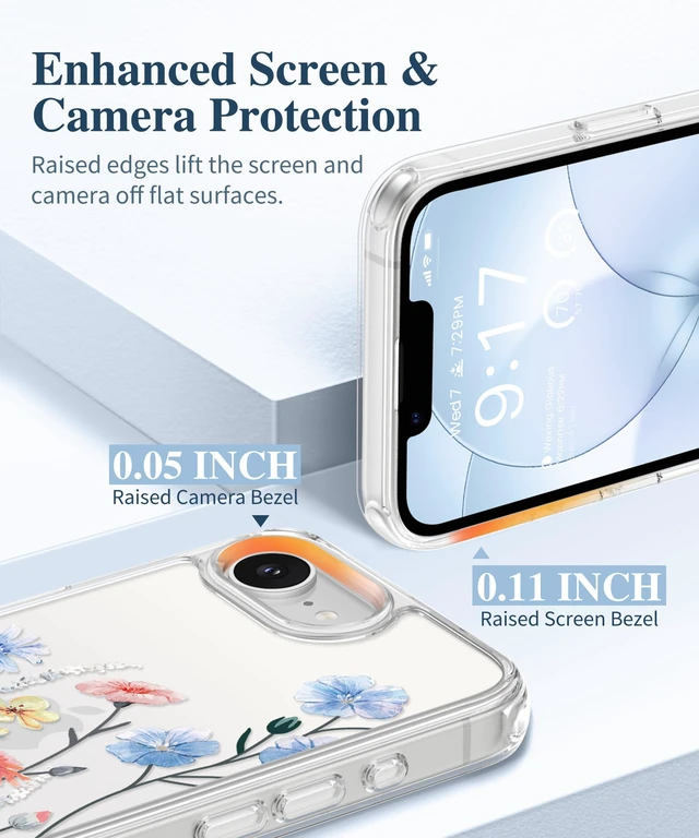 Alt view image 5 of 7 - for iPhone 17e Case & iPhone 16e Case with Screen Protector | Non-Yellowing, Military-Grade Protection, Hard PC&TPU Bumper, Floral Protective Clear Phone Case (Aconite/Light Blue)
