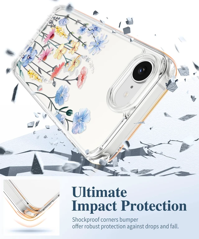 Alt view image 4 of 7 - for iPhone 17e Case & iPhone 16e Case with Screen Protector | Non-Yellowing, Military-Grade Protection, Hard PC&TPU Bumper, Floral Protective Clear Phone Case (Aconite/Light Blue)