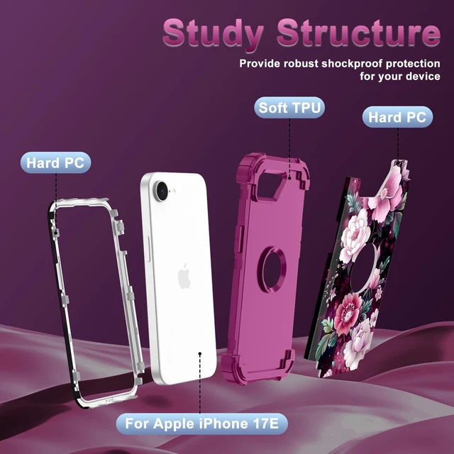Alt view image 2 of 7 - for iPhone 17e Case Case,Three Layer Heavy Duty Shockproof Protection Hard Plastic Bumper +Soft Silicone Rubber Protective Case for Apple iPhone 17e,Glow in The Dark-Purple Red