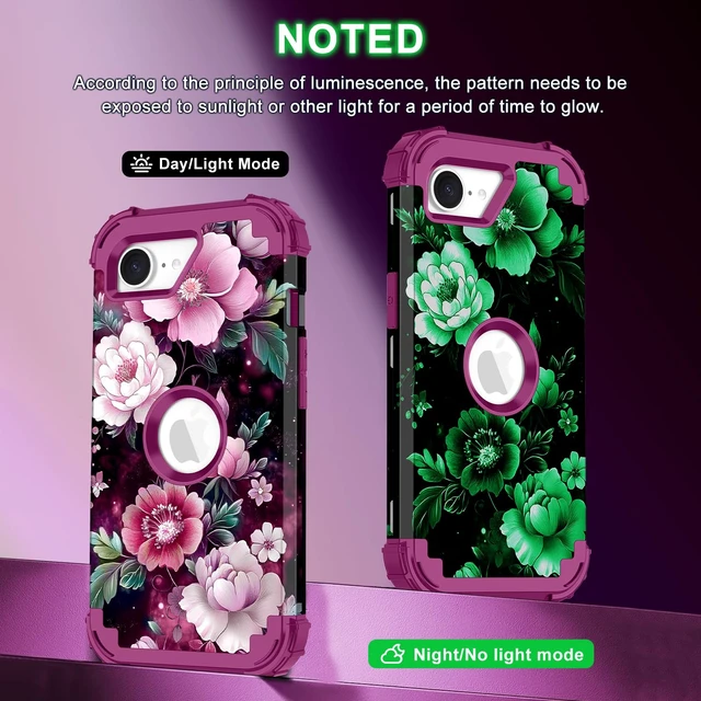 Alt view image 3 of 7 - for iPhone 17e Case Case,Three Layer Heavy Duty Shockproof Protection Hard Plastic Bumper +Soft Silicone Rubber Protective Case for Apple iPhone 17e,Glow in The Dark-Purple Red