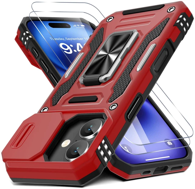 Main image of Case for iPhone 17 6.3-Inch with Slide Camera Cover + Screen Protector (2 Packs), Rotated Ring Kickstand Military Grade Shockproof Protective Cover-Red