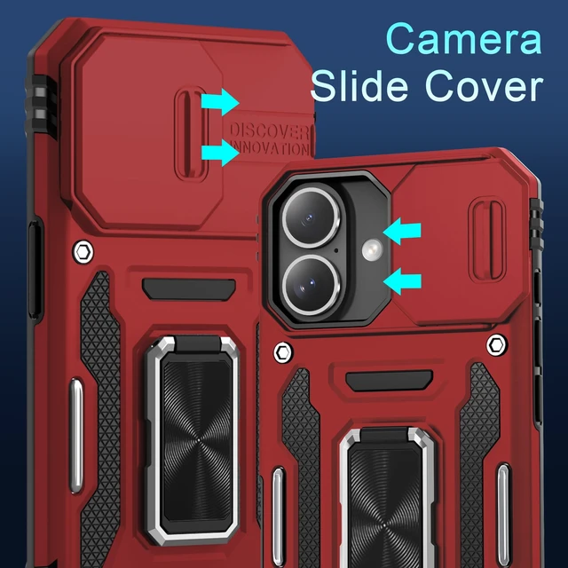 Alt view image 2 of 7 - Case for iPhone 17 6.3-Inch with Slide Camera Cover + Screen Protector (2 Packs), Rotated Ring Kickstand Military Grade Shockproof Protective Cover-Red