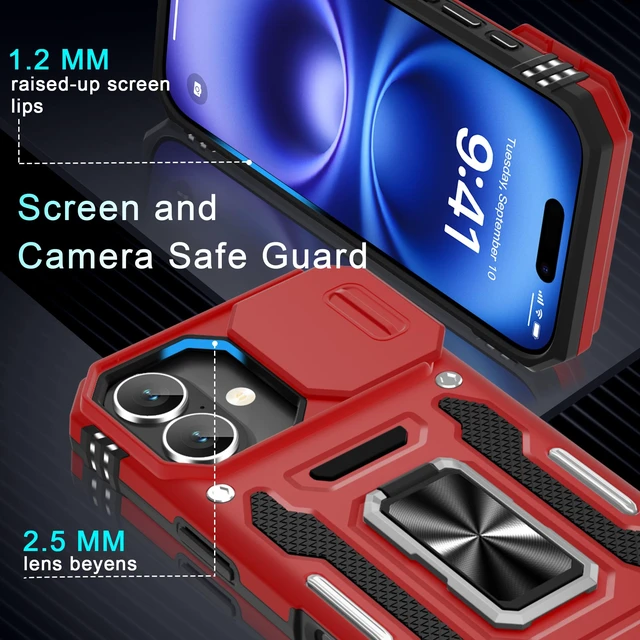 Alt view image 5 of 7 - Case for iPhone 17 6.3-Inch with Slide Camera Cover + Screen Protector (2 Packs), Rotated Ring Kickstand Military Grade Shockproof Protective Cover-Red